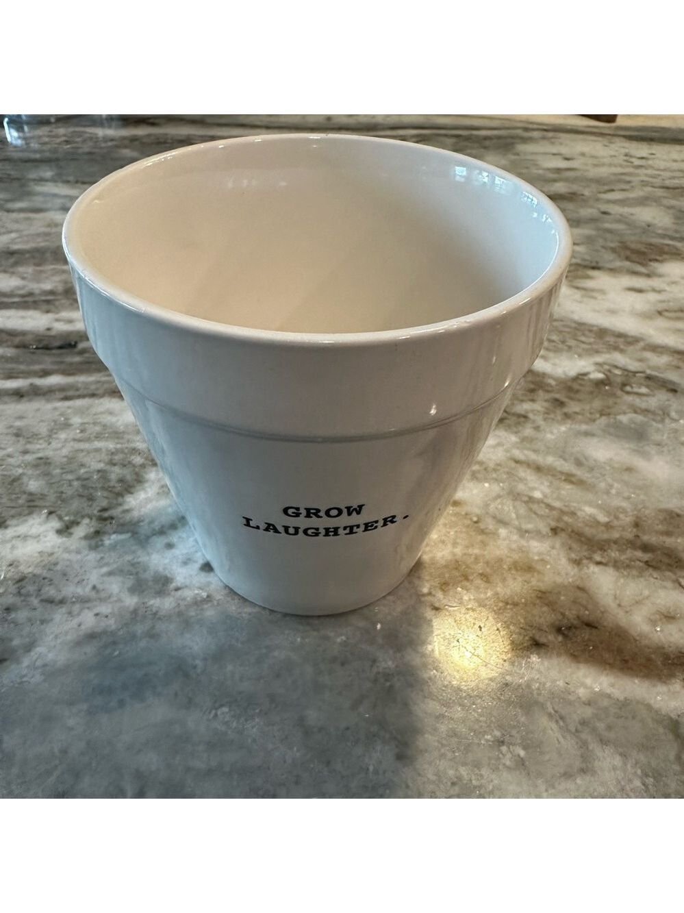 Rae Dunn White Ceramic Pot with 'Grow Laughter' Text